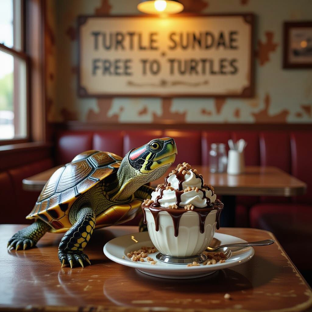 Photorealistic Turtle Enjoys Chocolate Sundae at Diner