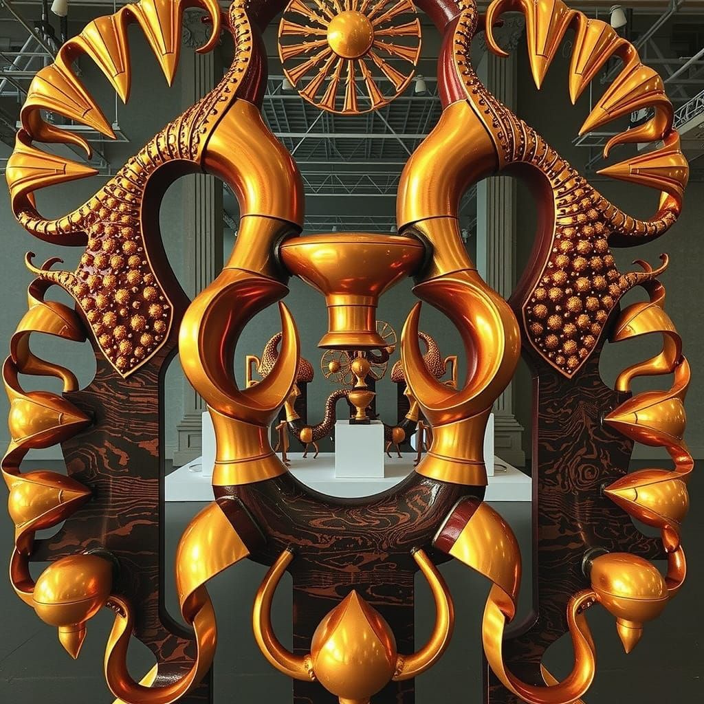 Brass and Dark Wood Abstract Sculpture in Gallery