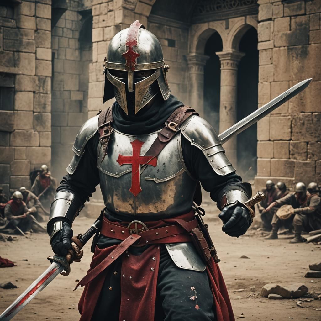 Templar Knight with Red Cross in Cinematic Style