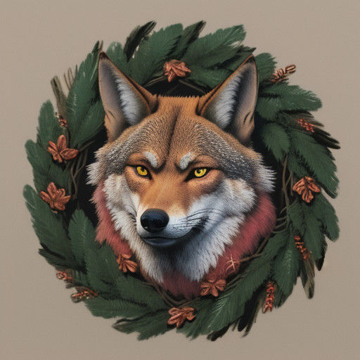 Sgraffito Portrait of a Wolf in Evergreen Wreath