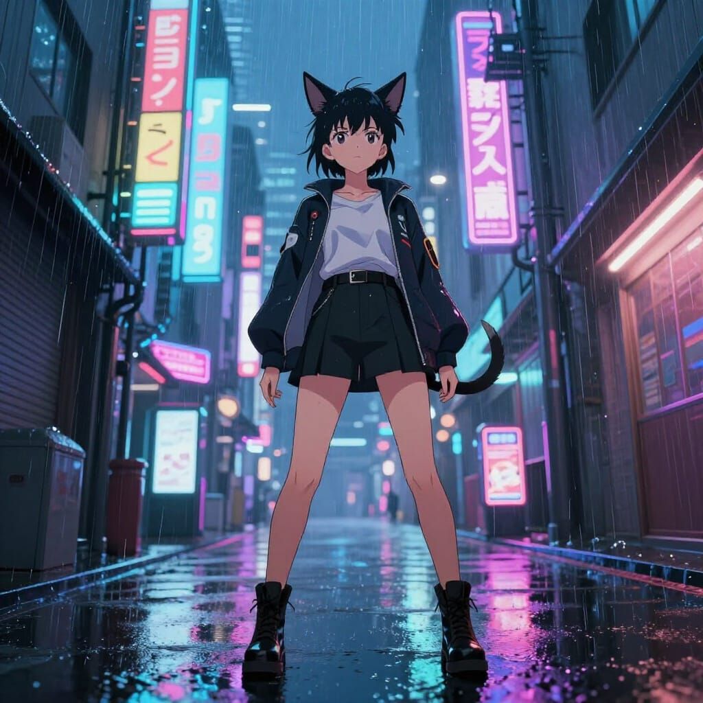 Anime Girl with Dog Ears in Cyberpunk City