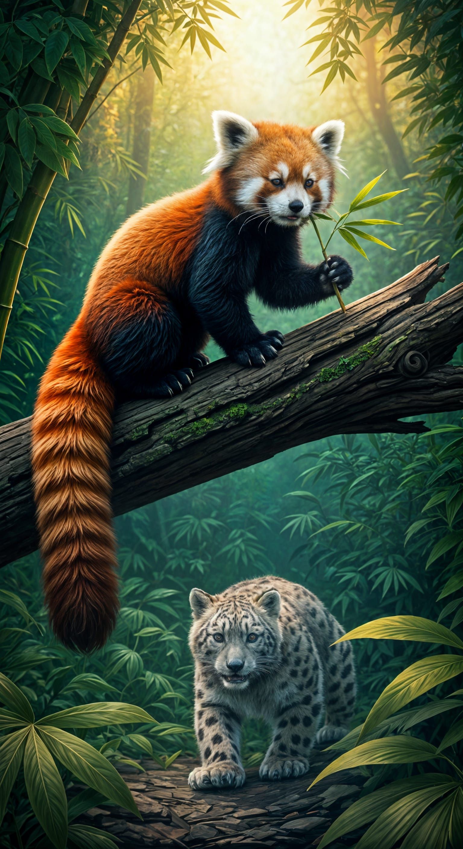 Red Pandas in Misty Forest with Snow Leopard