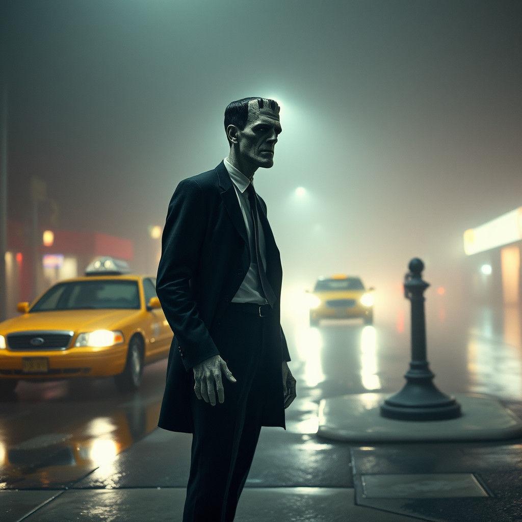 Frankenstein Awaits a Cab in Foggy Cityscape