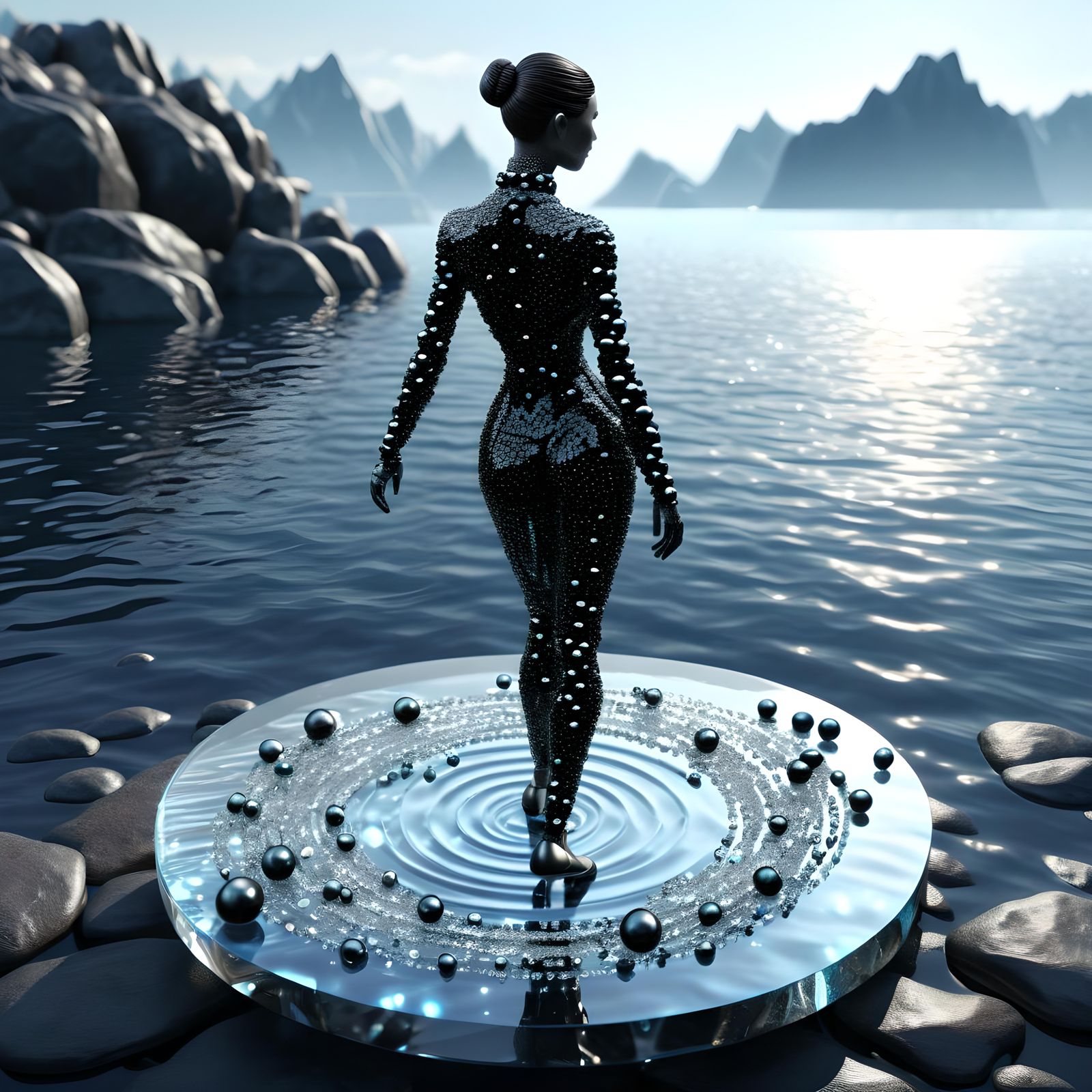 Abstract Beaded Woman on Rock in Hyperreal 3D