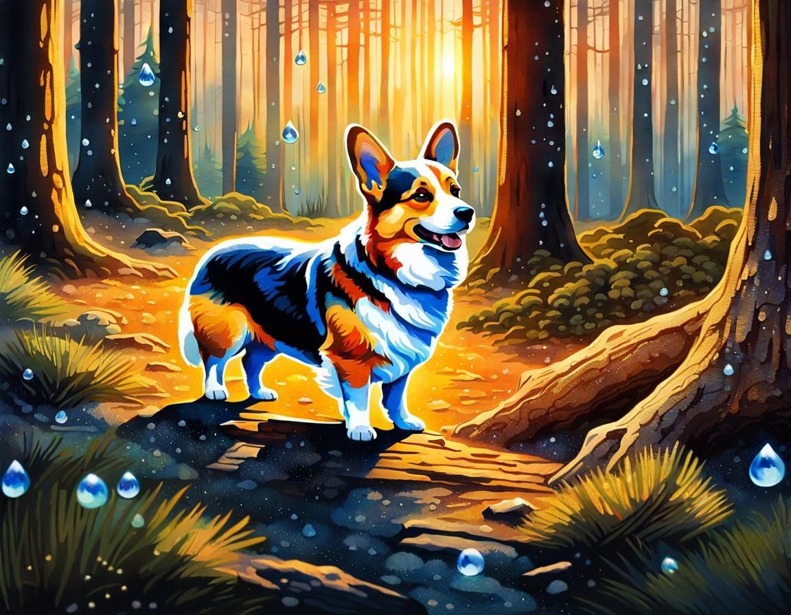 Corgi in Pine Forest at Golden Hour: Watercolor Fantasy