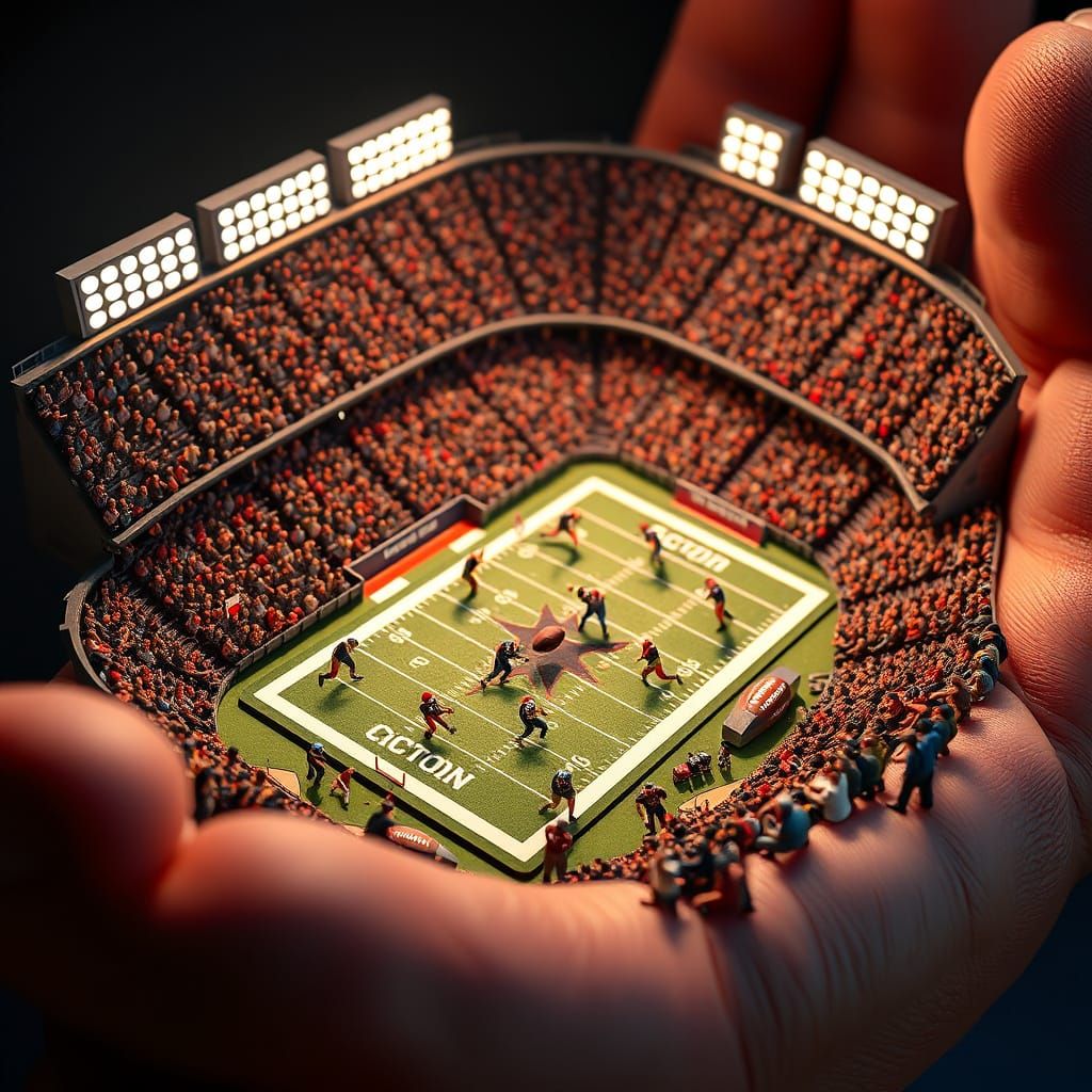Miniature NFL Stadium in a Giant Hand, Hyper-Realistic Close...