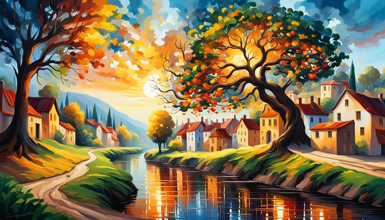 Vibrant Surreal Landscape in Klimt-Inspired Style