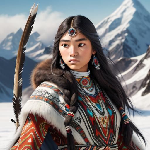 Ethereal Native American Girl in Snowy Mountains