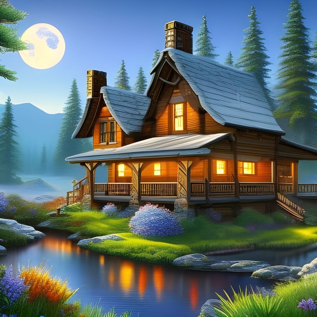Charming Mountain Cabin Reflected in Pond: Fantasy Art