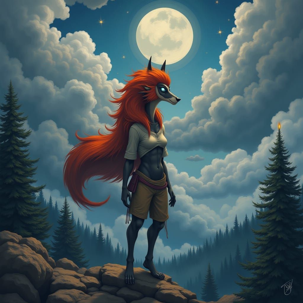 Anthropomorphic Red-Haired Werewolf Grinning on Mountainside