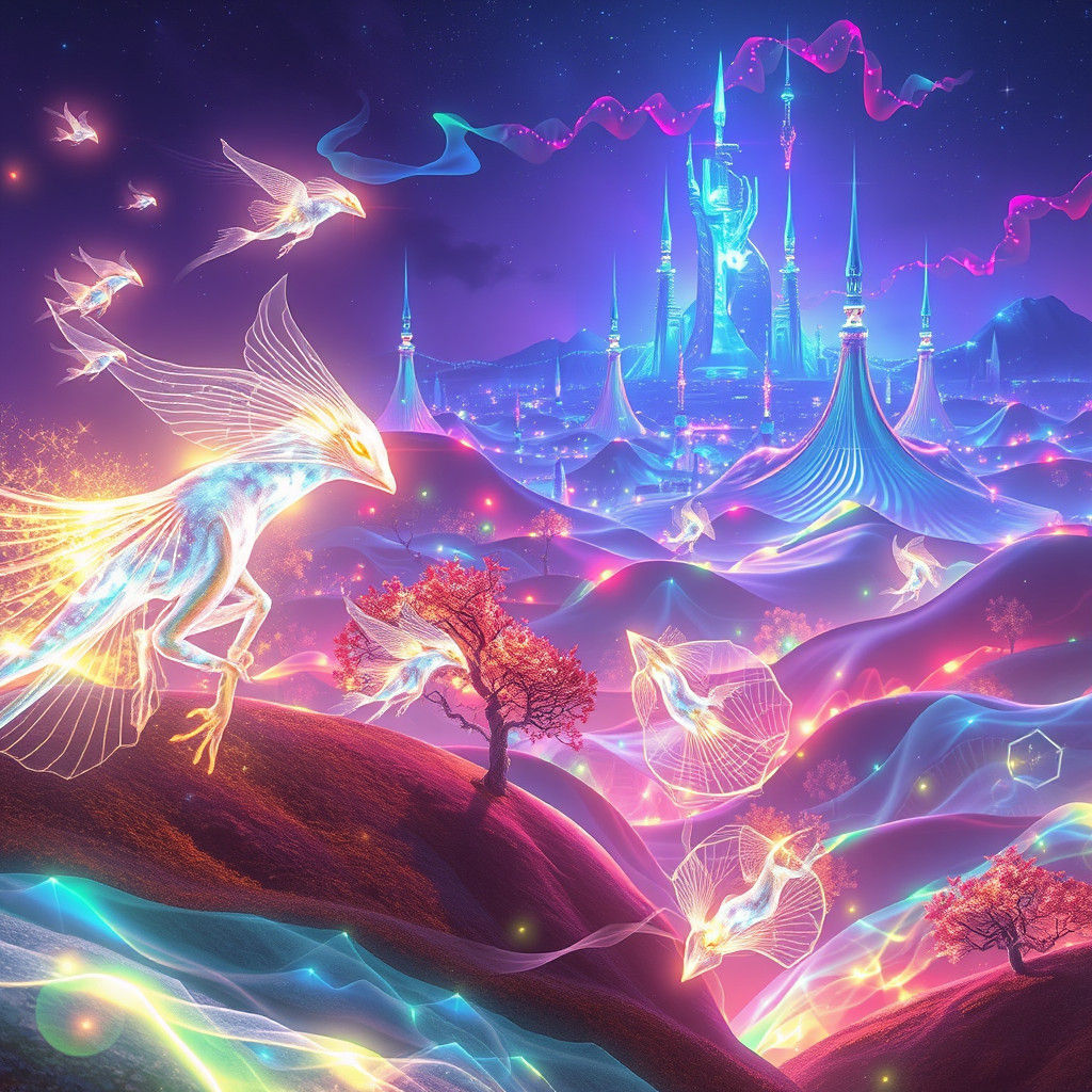 Ethereal Light Beings in Surreal Expressionist Cityscape