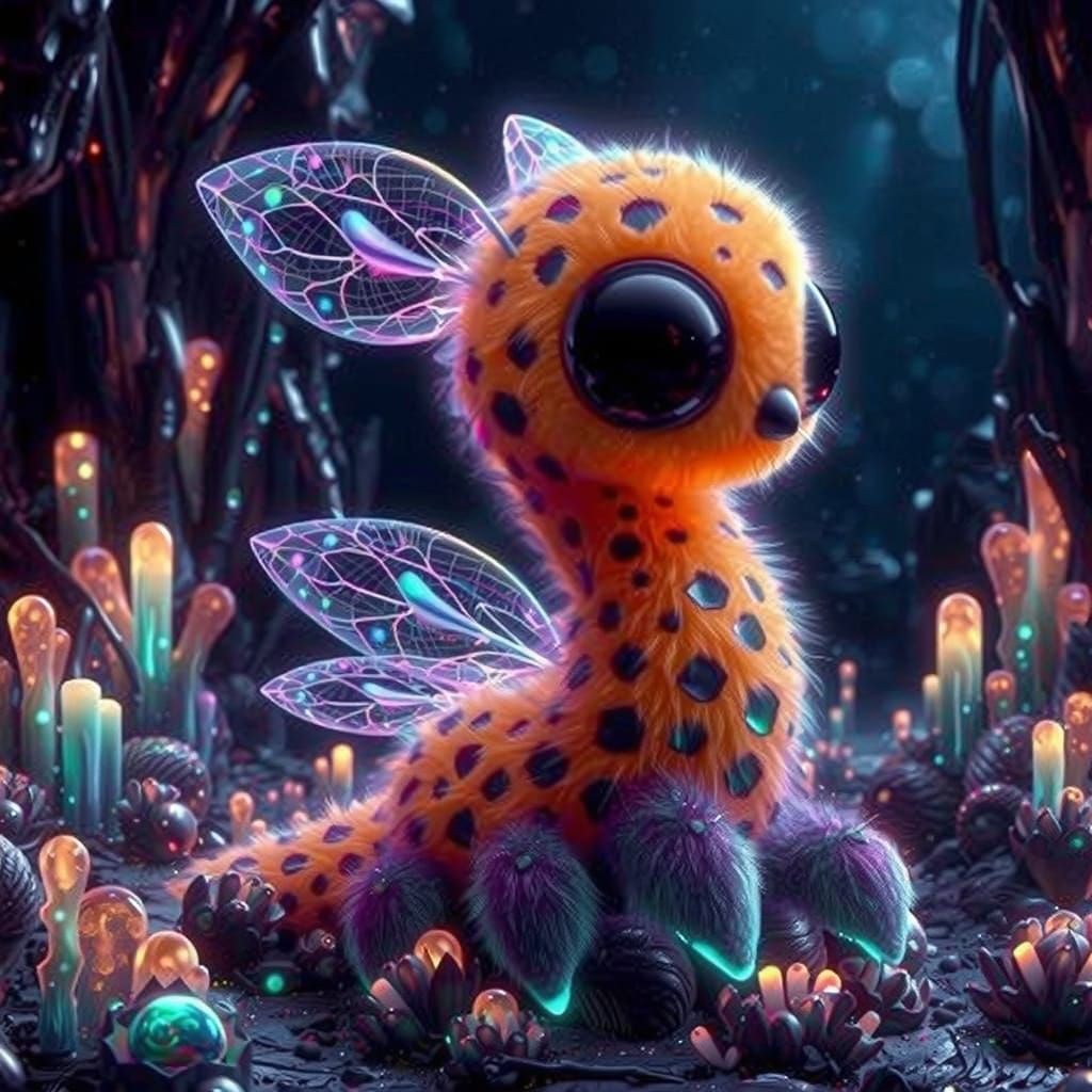 Iridescent Giraffe in Crystal Cave with Bioluminescent Plant...