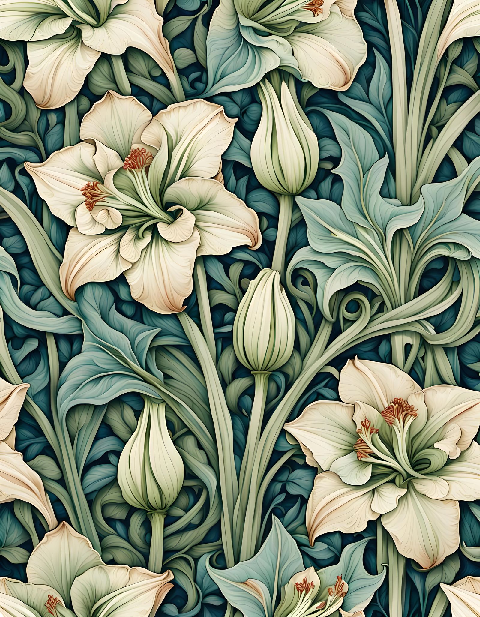 Amaryllis and Leaves Seamless Pattern in William Morris Styl...