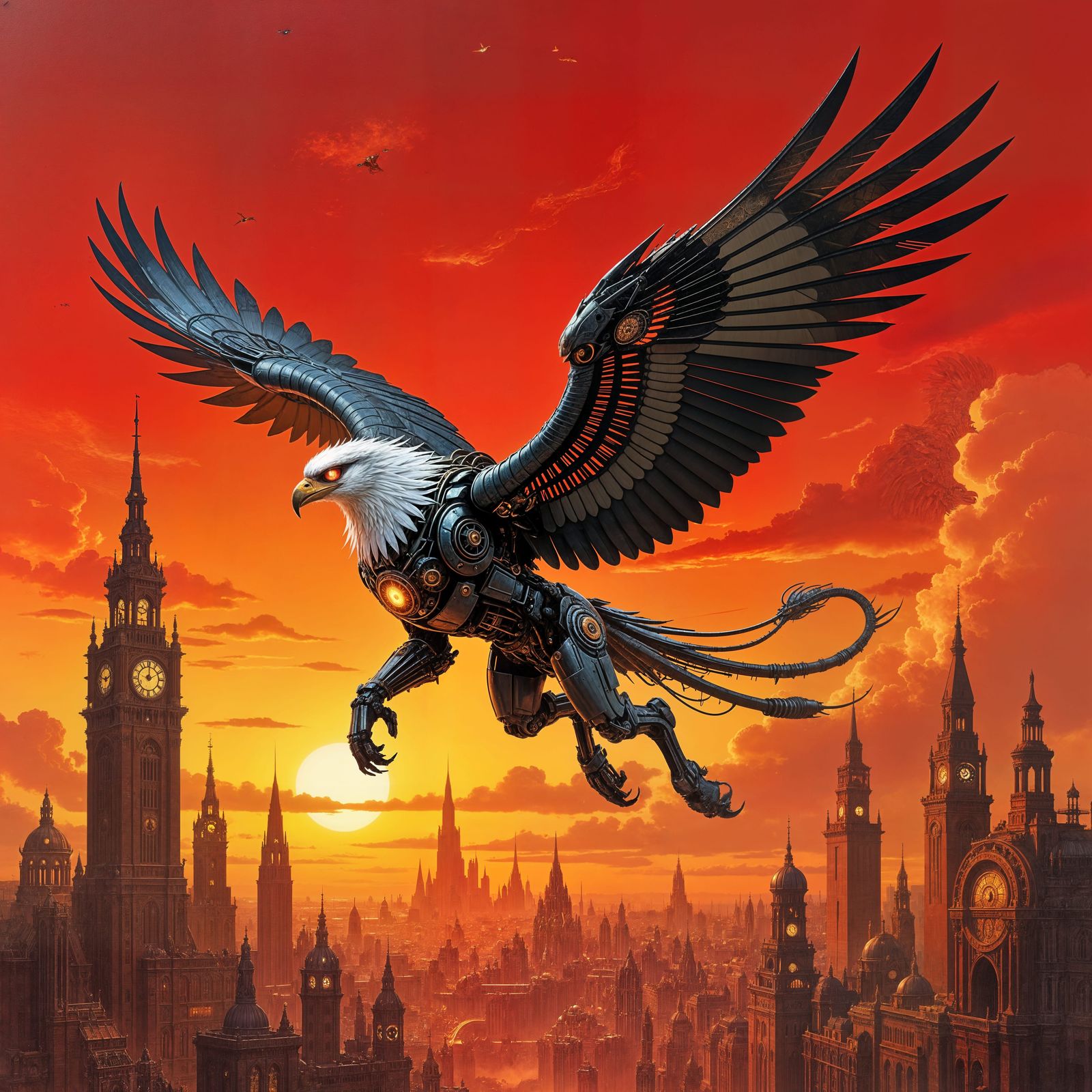 Cyborg Griffin Soaring Over Steampunk Metropolis