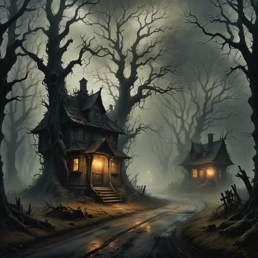 Eerie Haunted House in Dark Forest: Surrealist Illustration