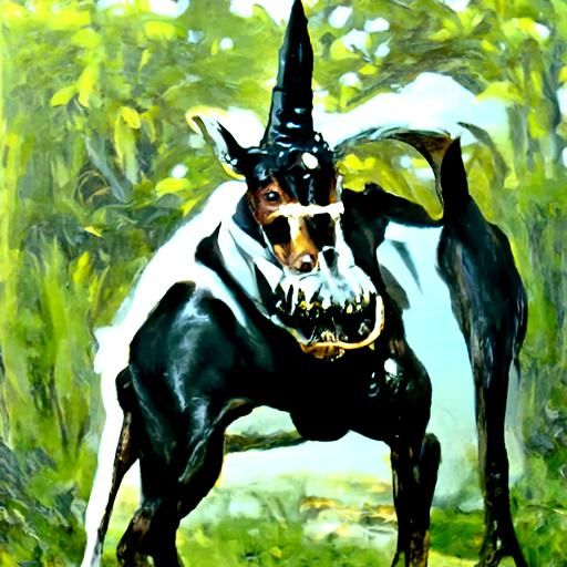 Doberman with Horns in Oil Painting Style