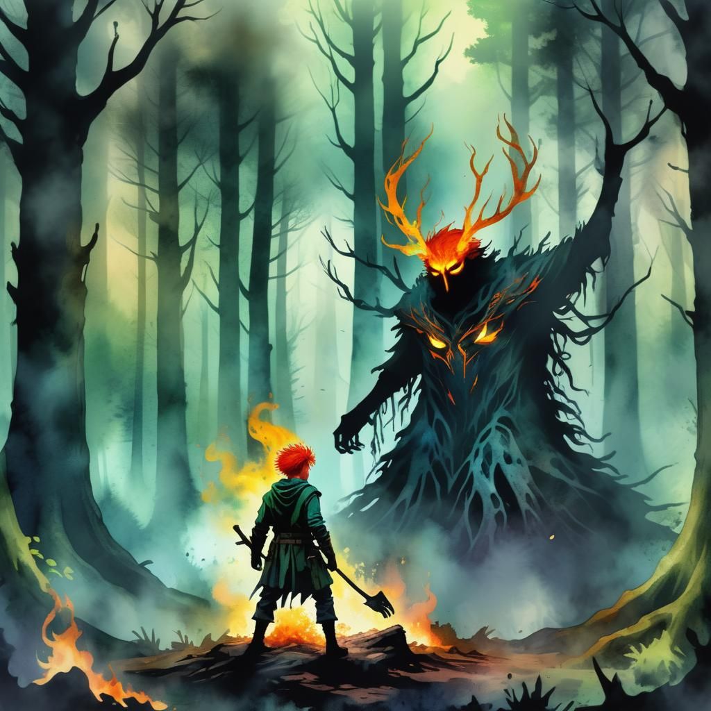 Mischievous Forest Spirit's Pit Trap in Digital Watercolor