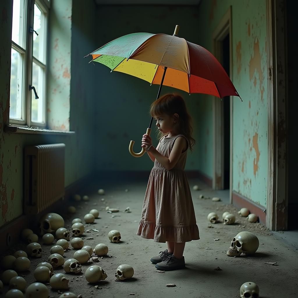 Eerie Girl With Umbrella in Crumbling Room