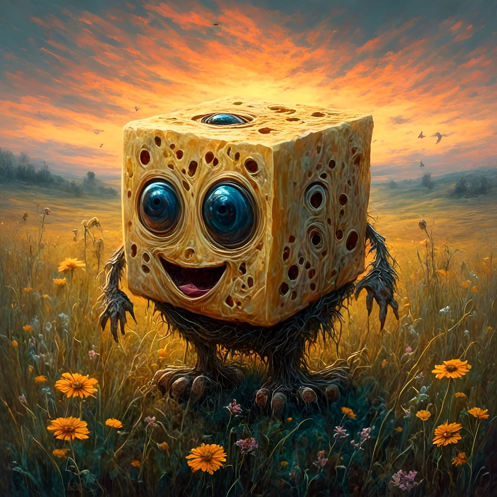 Cute Smiling Butter Cube Creature in Fantasy Field