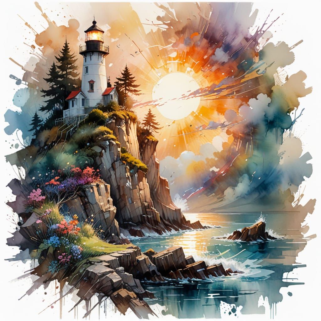 Cliffside Lighthouse at Sunrise in Impressionist Style
