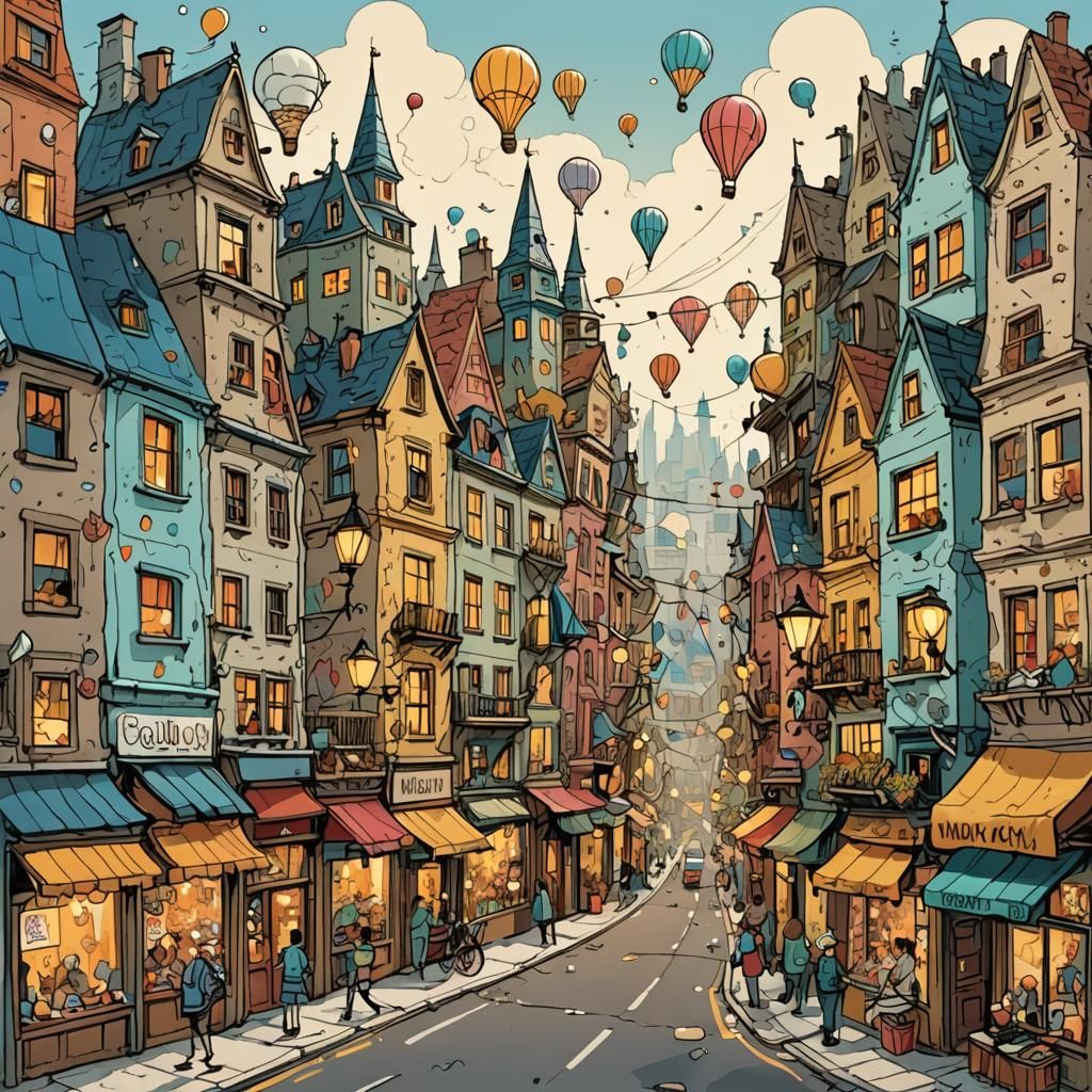 Whimsical Cityscape Concept Art in Doodle Style