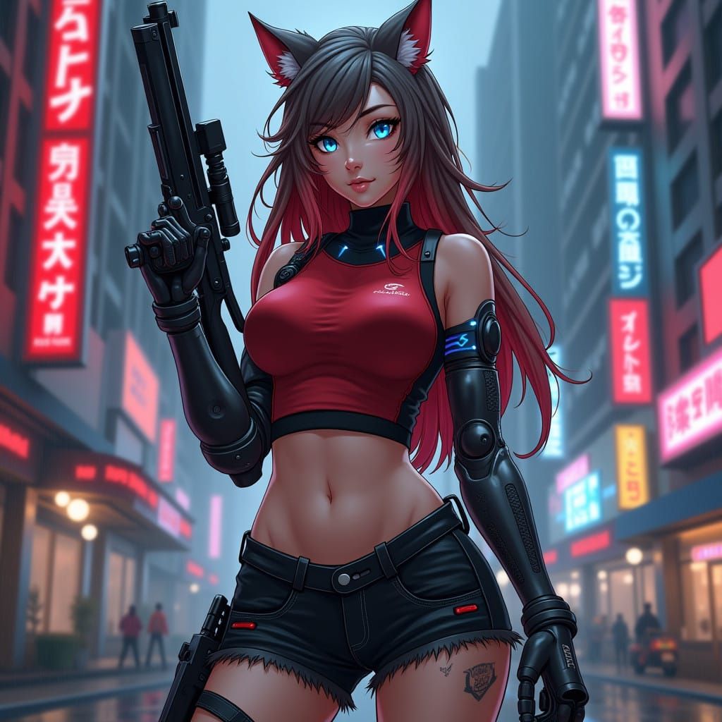 Cyberpunk Wolf Warrior with Red Hair and Cybernetic Arm