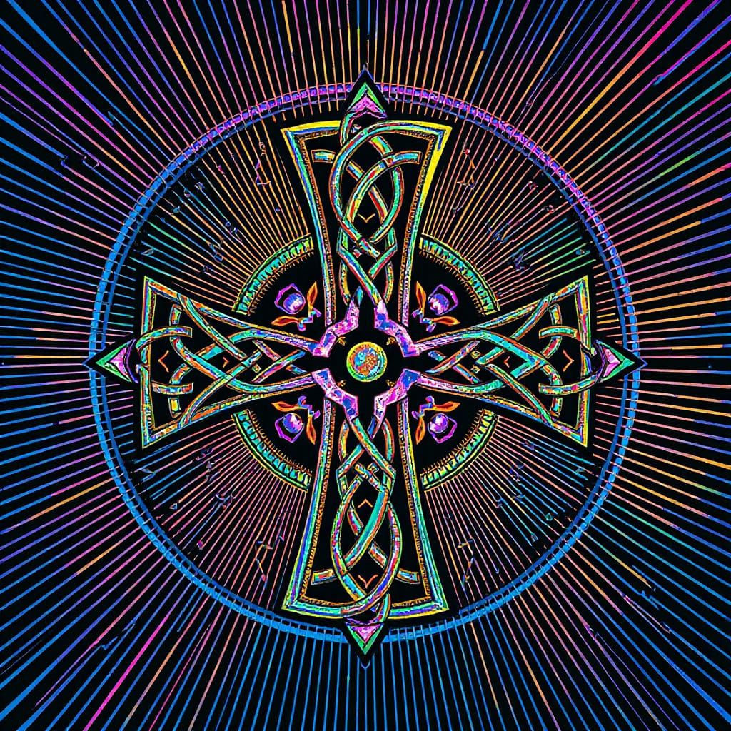 Iridescent Celtic Cross with Geometric Patterns
