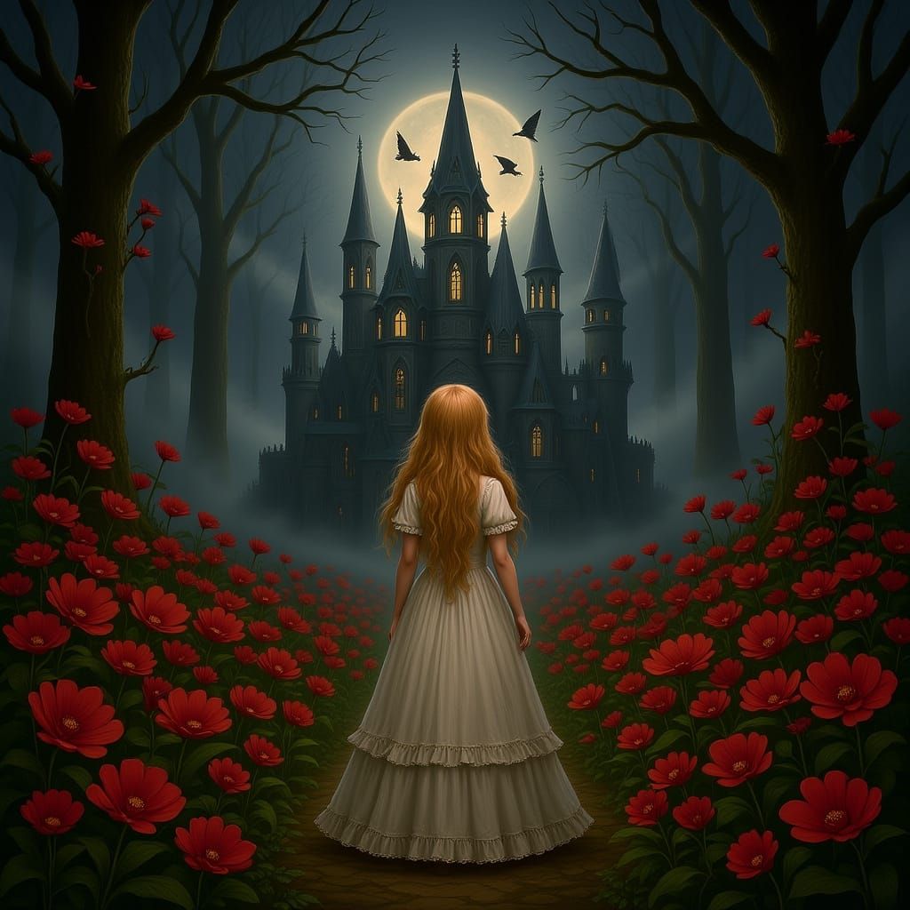 Enchanted Gothic Castle in Misty Forest with Red Flowers