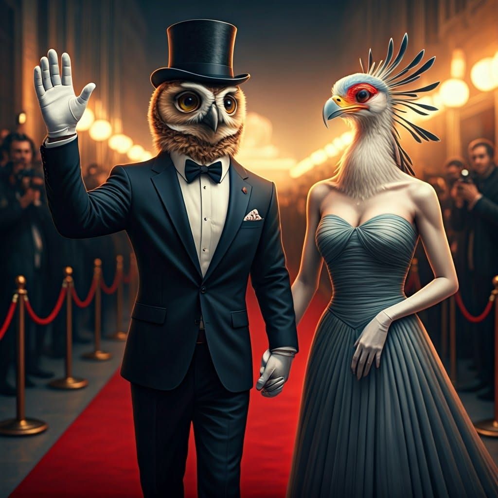 Anthropomorphic Owl and Secretary Bird on Red Carpet in Cine...