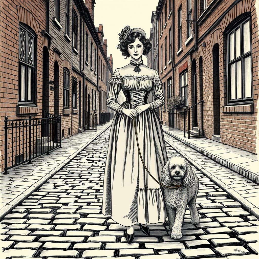 Victorian Woman and Poodle on Cobblestone Street
