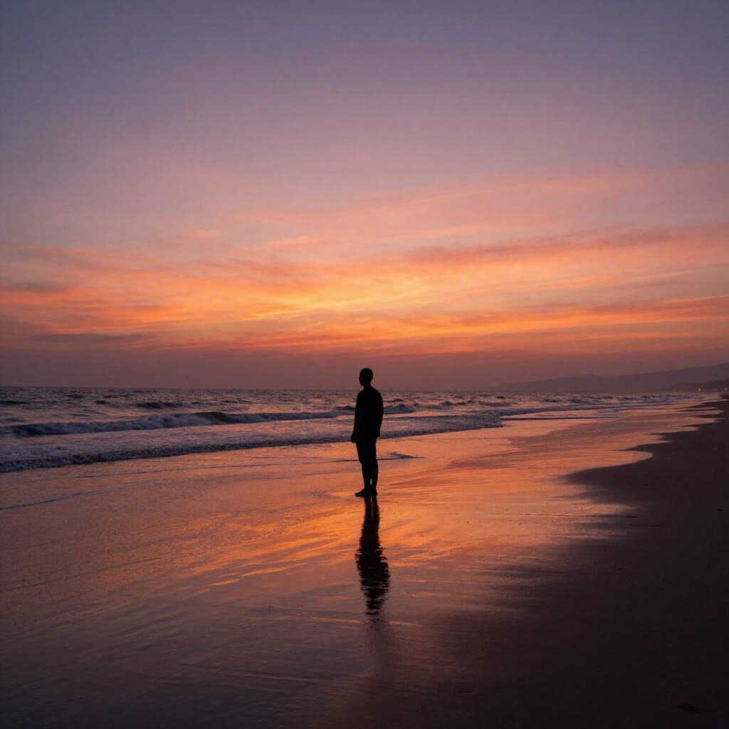 Lone Figure on Beach at Fiery Sunset