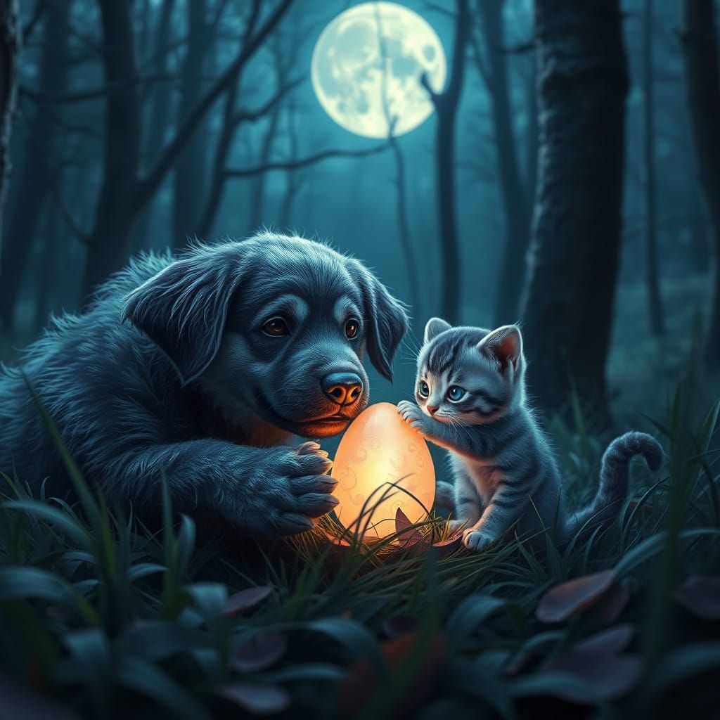 Moonlit Whimsy: A Curious Dog and a Kitten's Glowing Gift