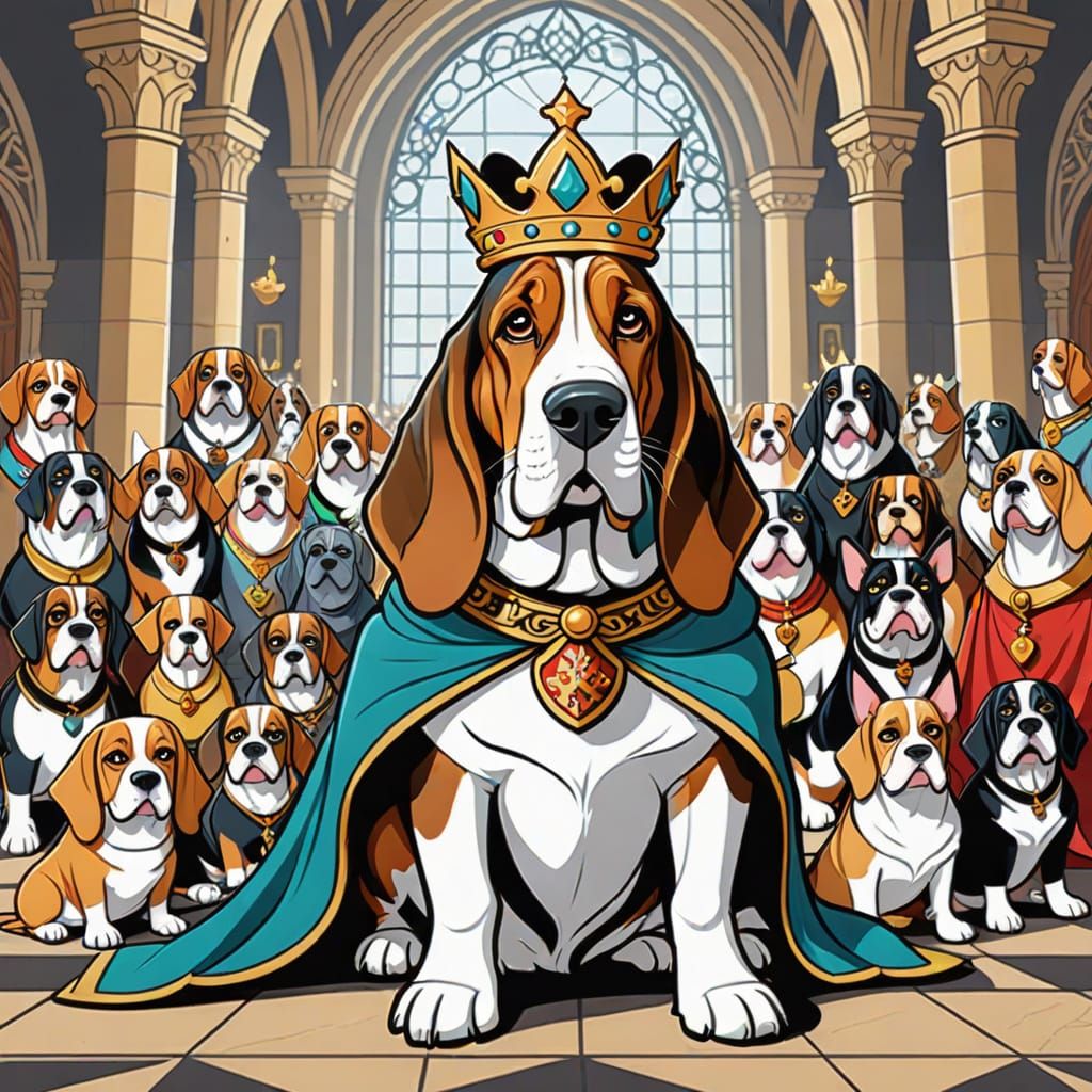 Goofy Basset Hound King Crowned in Opulent Castle