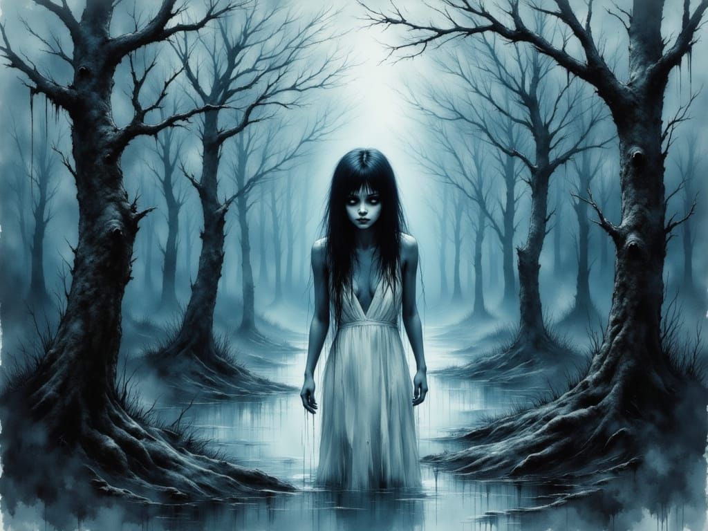 Ethereal Ghost Figure in Misty Forest, Watercolour Style