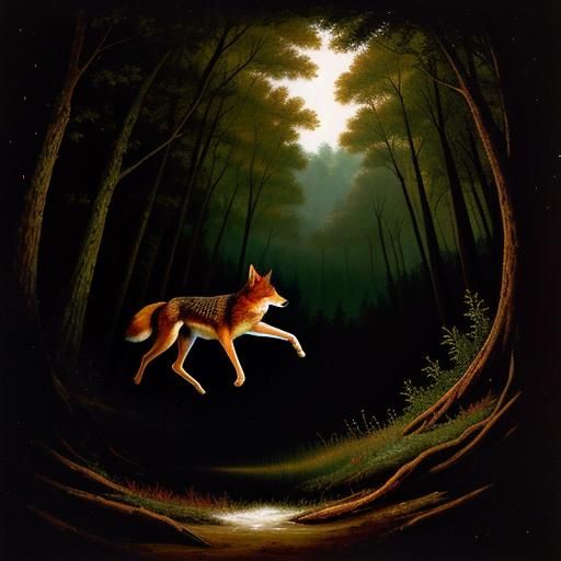 Red Wolf Leaps into Forest Hole: Oil Painting
