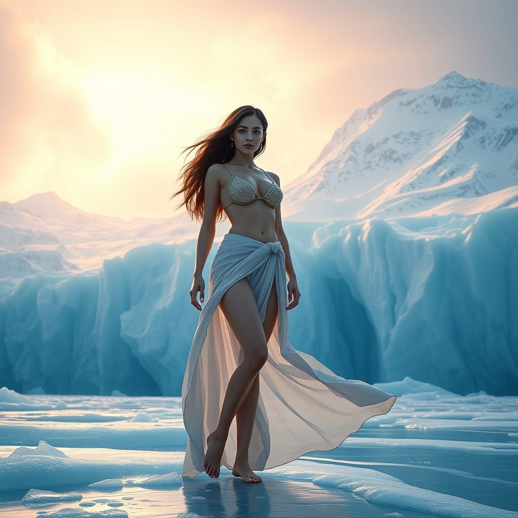 Ethereal Woman on Glacier in Matte Painting Style
