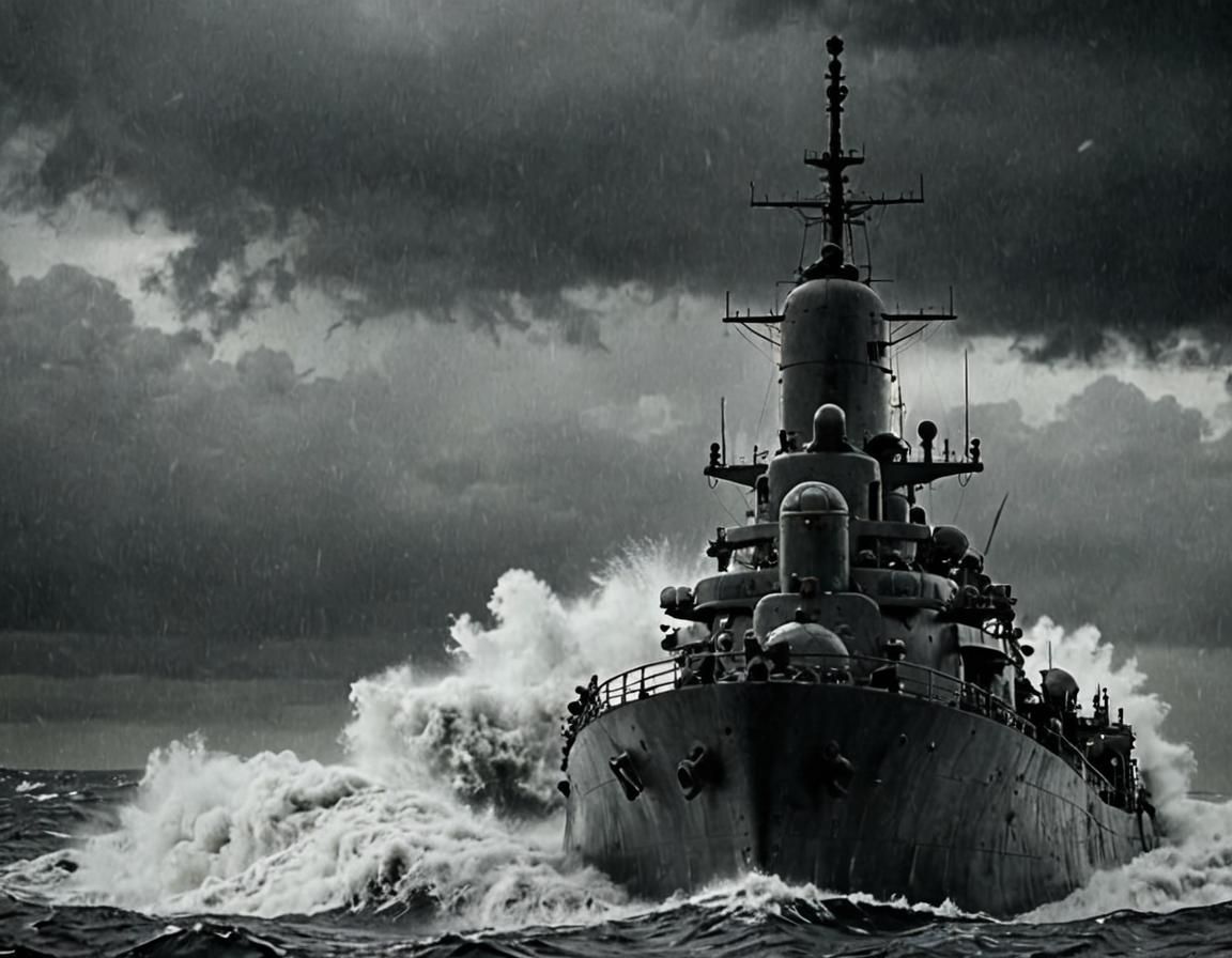 Battleship Through Periscope in Stormy Monochrome