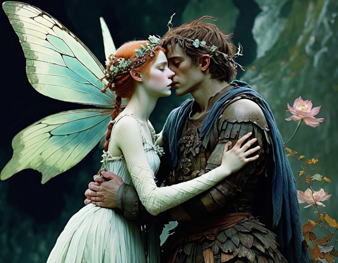 Fae Fairy and Wild God Pan Embracing in Whimsical Matte Pain...