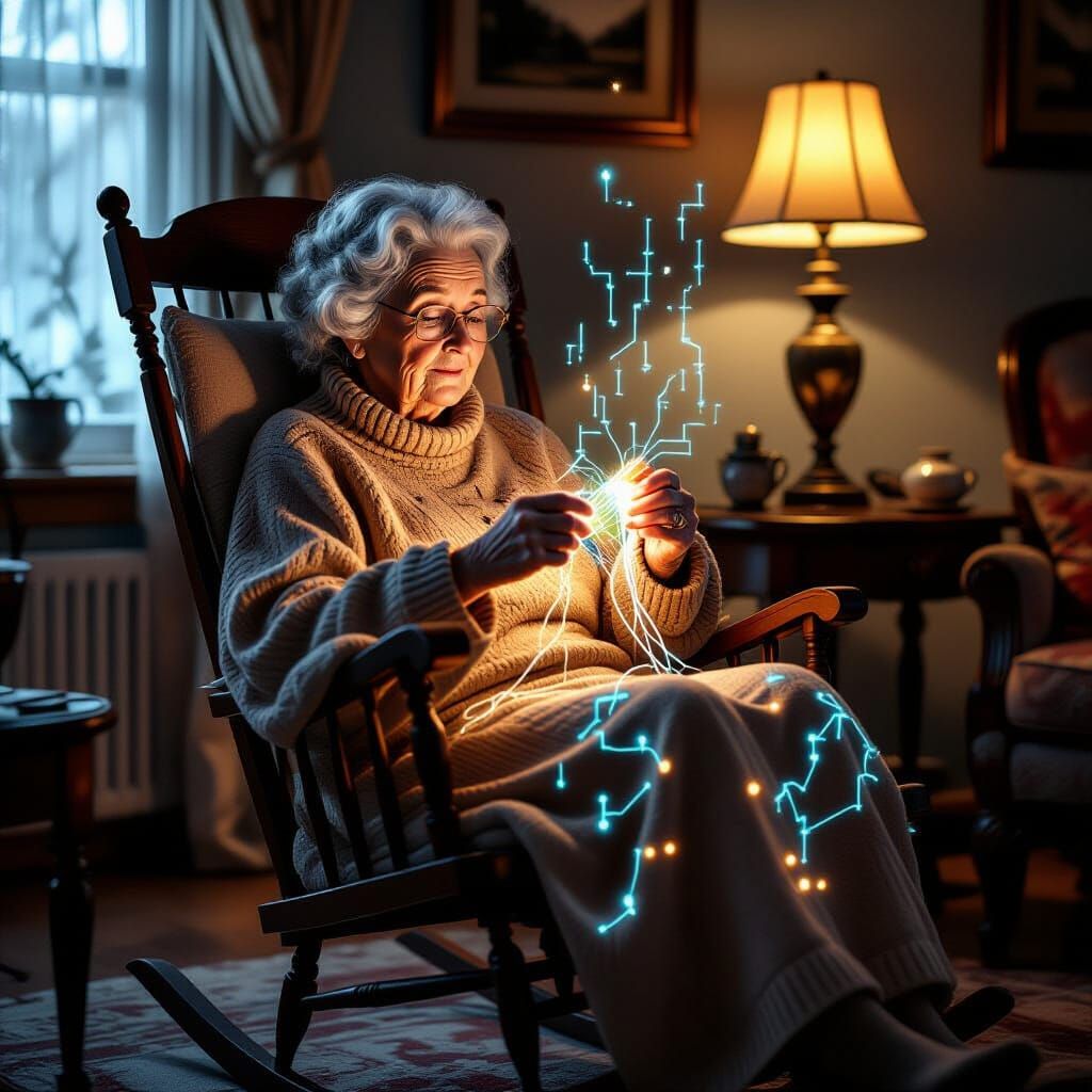 Elderly Woman's Knitting Transforms to Cyberpunk Code
