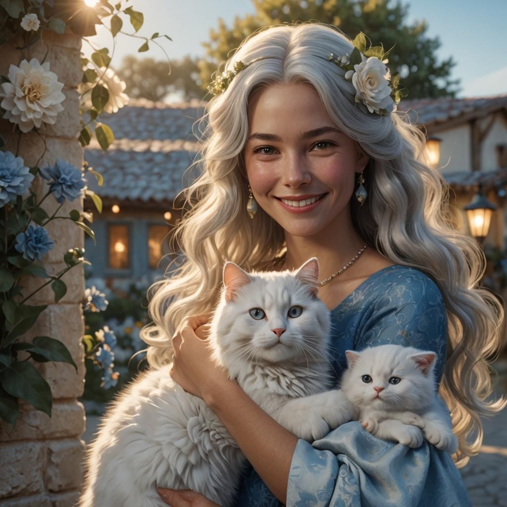 Woman with White Cat in Photorealistic Digital Art