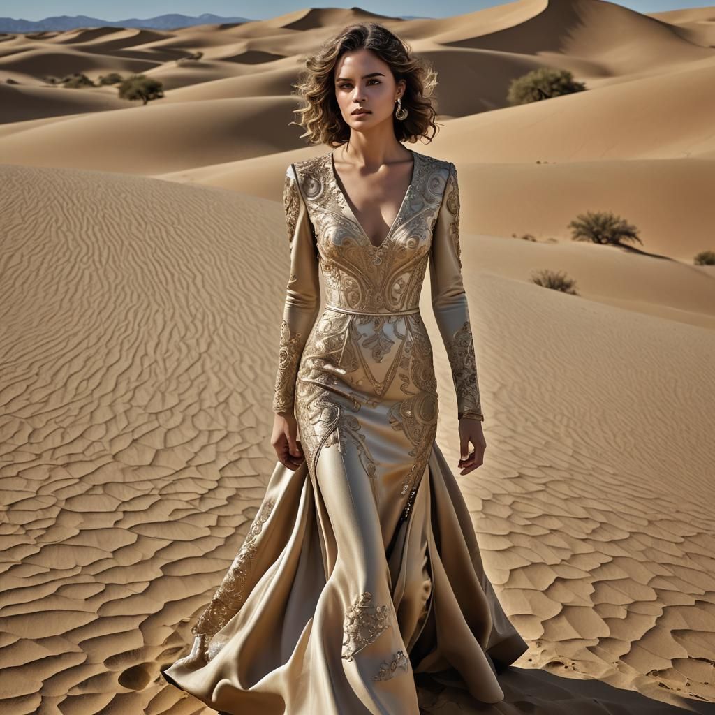 Woman in Beige Dress in Desert, Hyperrealistic