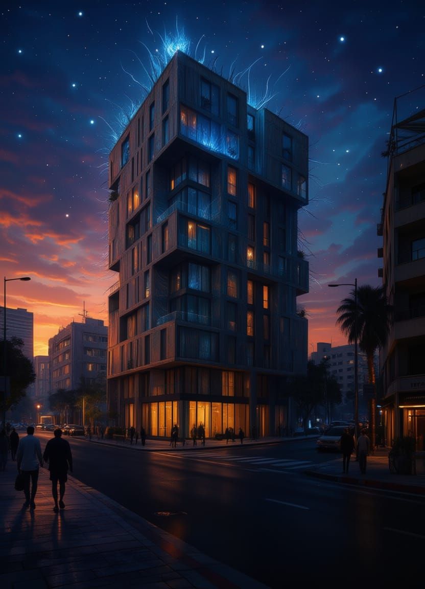 Elegant Cube Building in Tel Aviv at Dawn
