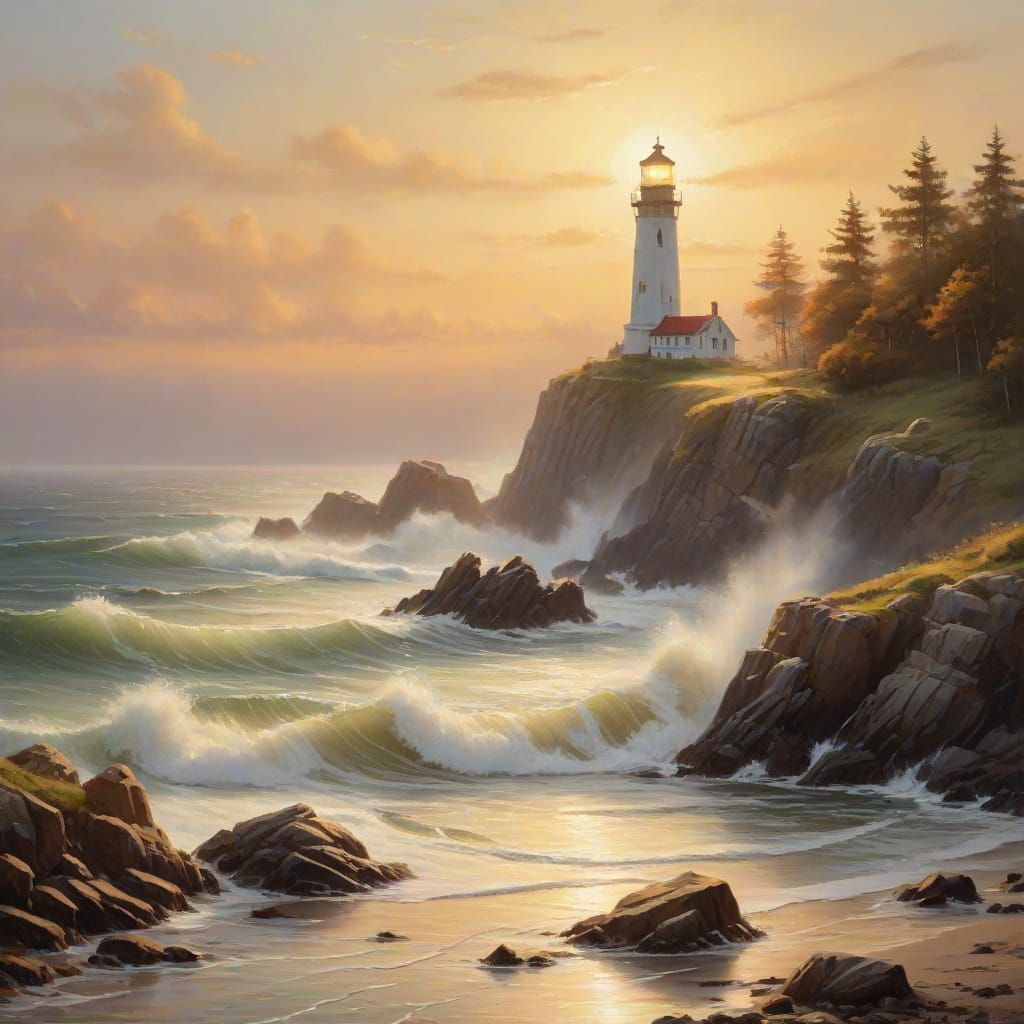 Lighthouse on Rocky Coast in Impressionist Style