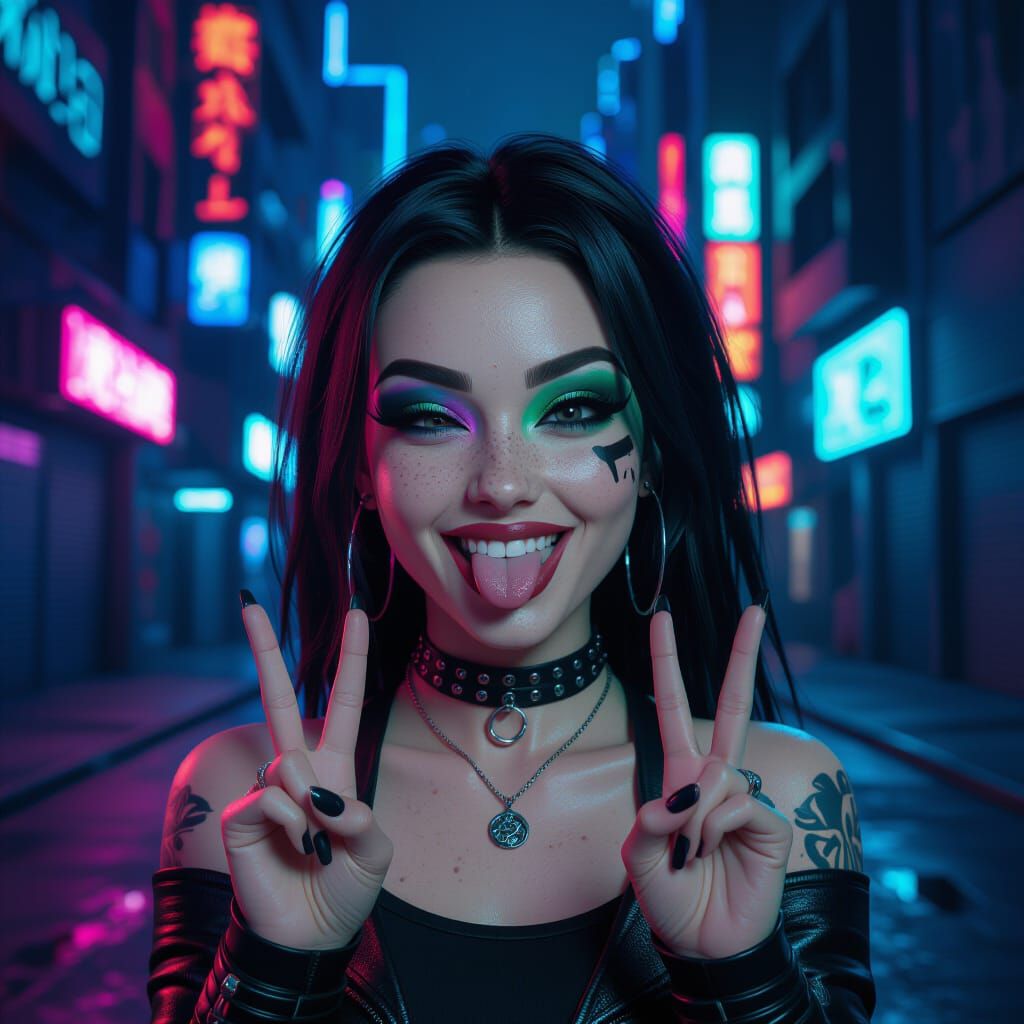 Cheeky Emo Girl Winks in Futuristic Cyberpunk City