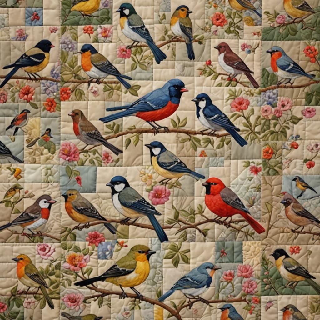Garden Birds Patchwork Quilt Art