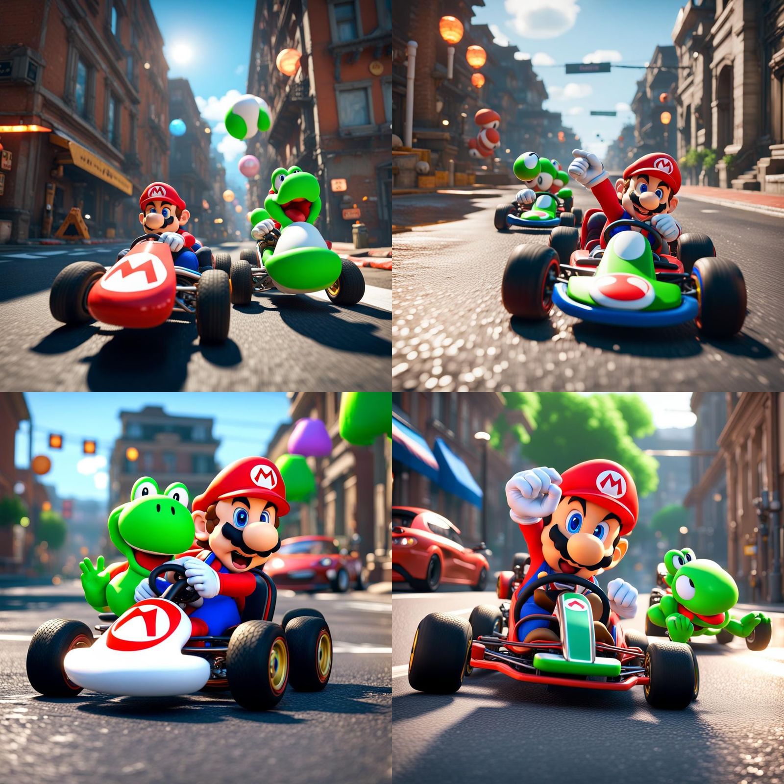 Mario kart next to Yoshi in a other kart are drifting on a street