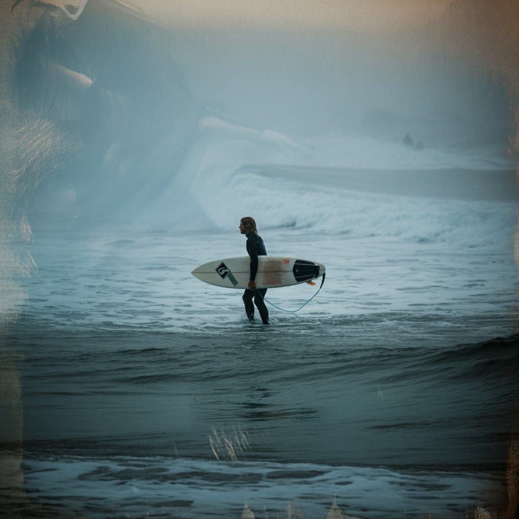 Surfer Silhouette with Abstract Brushstrokes and Noir Lighti...