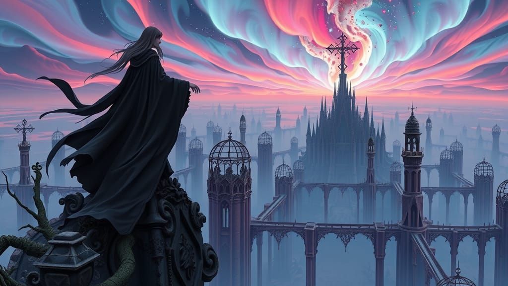 Sorceress Overlooking Surreal Gothic City