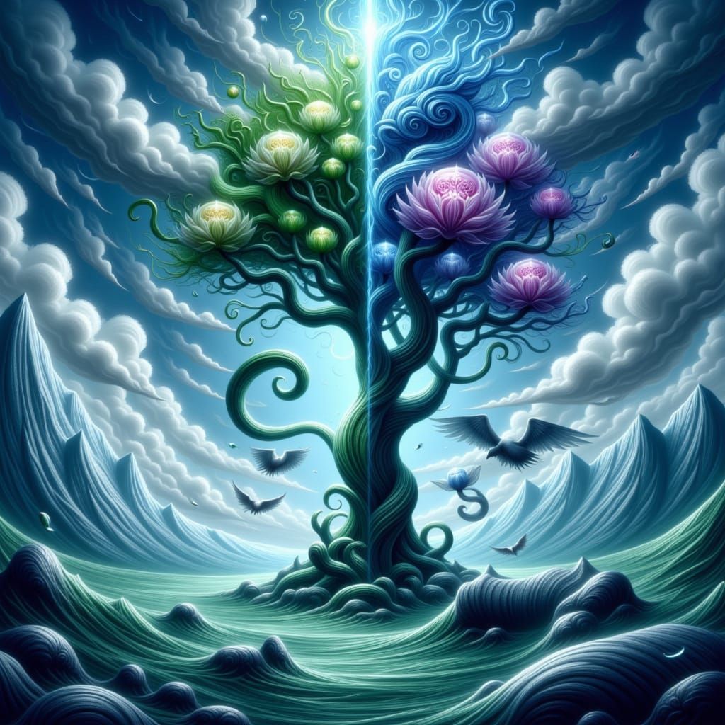 Ice and Swamp Dragons Battle Beside Lightning-Split Tree