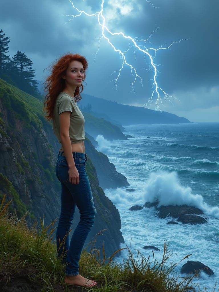 Woman on Windswept Cliff Overlooking Stormy Sea